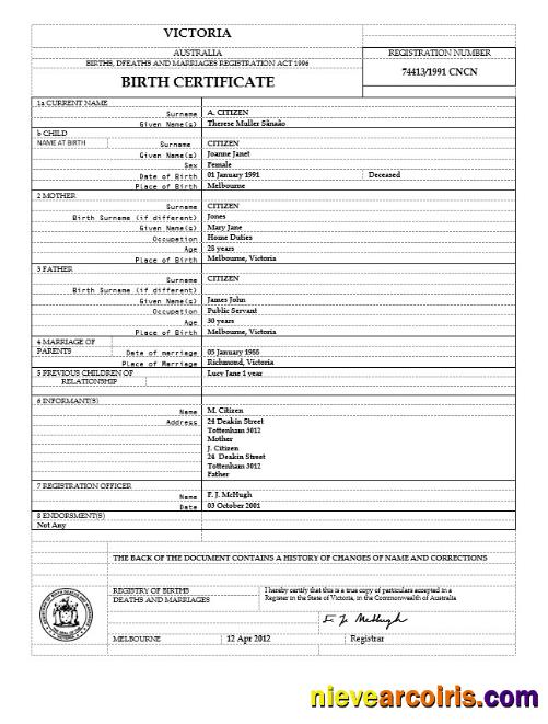Australia Victoria birth certificate, version 2